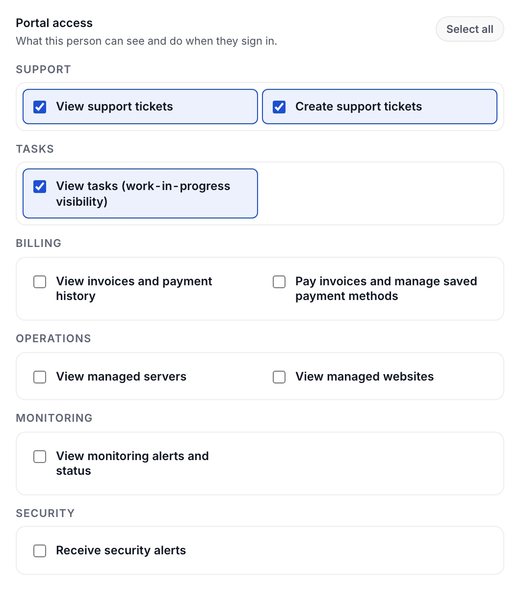 Portal access settings for one contact, with each permission they can be given
