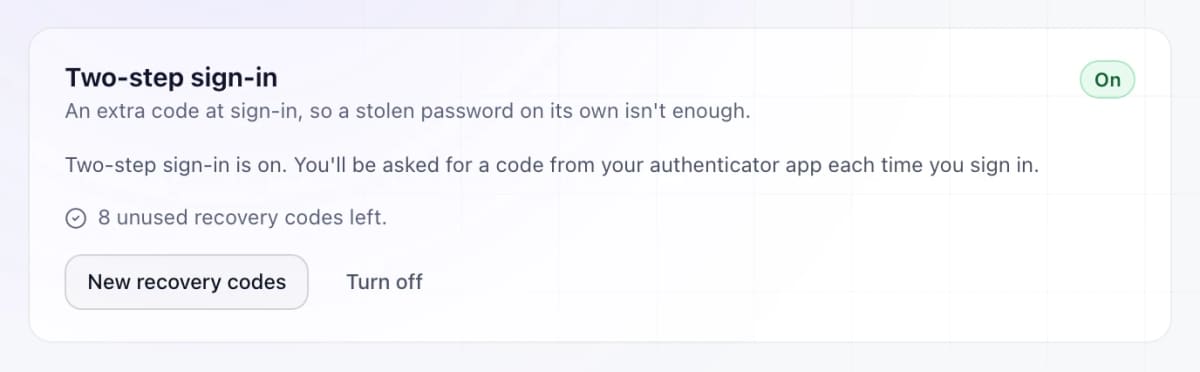 Two-step sign-in card showing it is on, with recovery codes