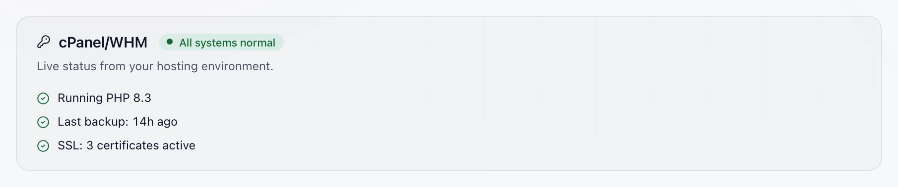 Hosting health card: running PHP 8.3, last backup and active SSL certificates