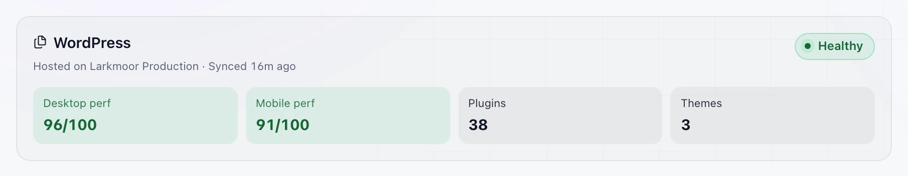 WordPress health card with desktop and mobile performance scores, plugins and themes