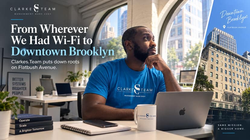 Desks and arched windows inside the Clarkes.Team office at 41 Flatbush Avenue in Brooklyn.